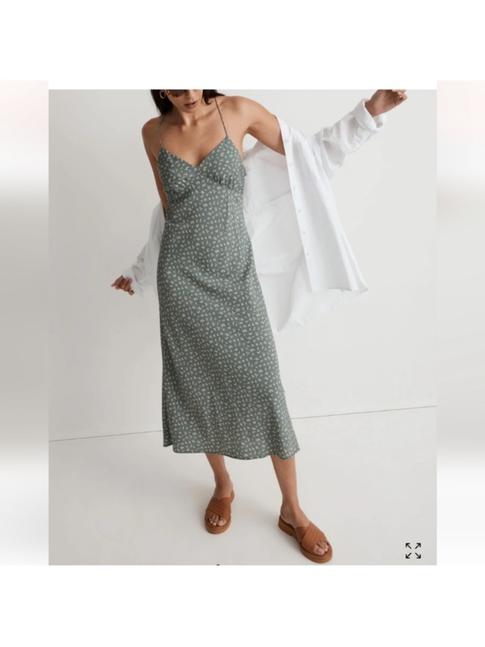 Madewell Layton Green Floral Slip Midi Dress with Crossback Straps